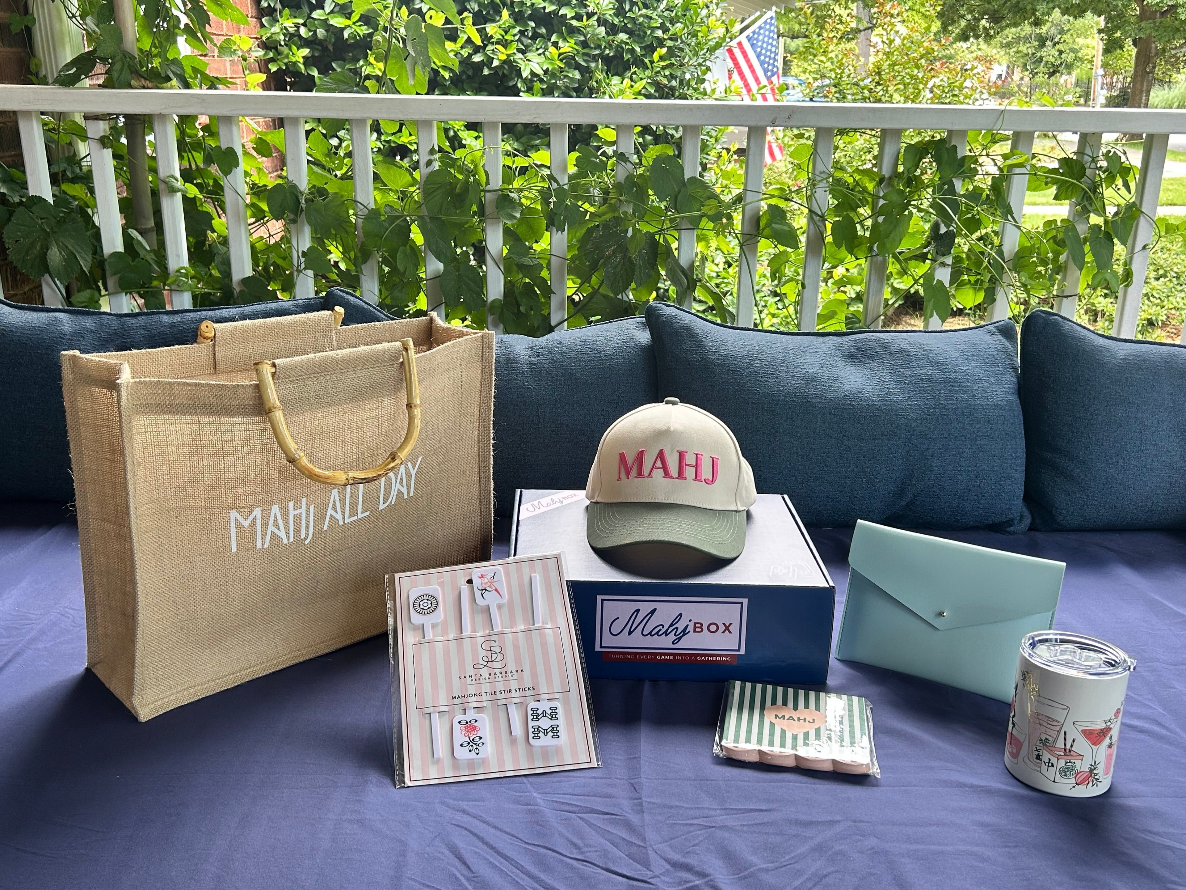 collection of mahjong bag, mahjong tumbler, mahjong hat, mahjong tote, mahjong card carrier